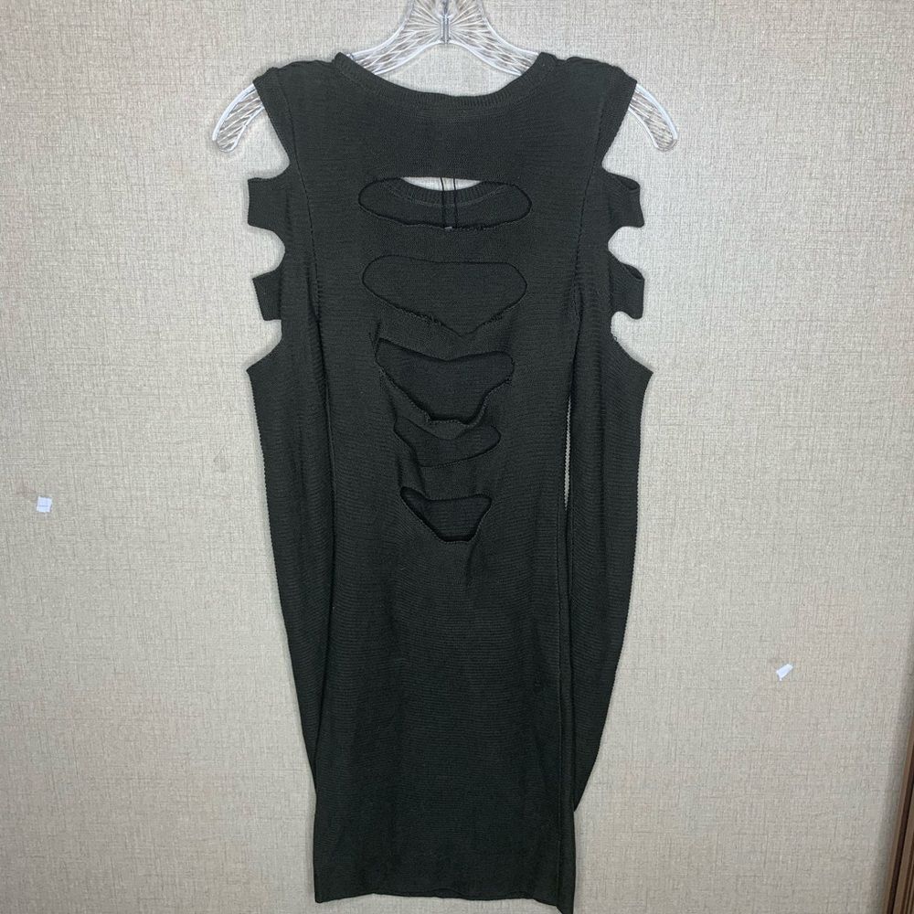 Vintage Express Grunge Sweater Dress XS Olive Green Distressed Back Bodycon Knit - Picture 8 of 9